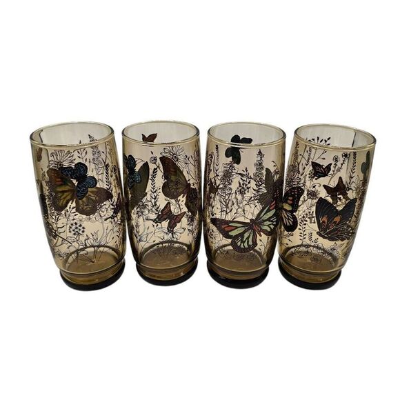 Vintage Anchor Hocking Smoke Brown Garden Butterfly Drinking Glasses Set Of 4 - Picture 1 of 9